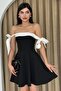 Women's Black Crepe Fabric Striped Strapless Neck Tie Strap Design Flared Mini Dress 245 - 7