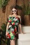 New Season Viscose Fabric Madonna Collar Belt Detailed Patterned Women's Mini Green Dress