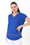 Women's Large Size Saxe Stone Detailed V-Neck Short Sleeve Blouse 65N37673 - 2