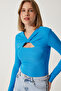 Women's Vibrant Blue Cut Out Detailed Ribbed Knitted Blouse SF00005 - 3