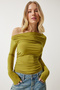 Women's Oil Green Draped Collar Gather Detailed Blouse TO00073 - 5