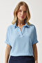 Women's Sky Blue Polo Neck Knitted Crinkle Blouse DD01299
