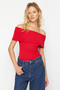 Red Carmen Collar Fitted/Body Sitting Knitted Madonna Collar Blouse Twoss24Bz00497