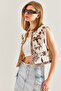 Women's Beige Embroidered Lined Linen Vest 60211014 - 2