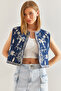 Women's Navy Blue Embroidered Lined Linen Vest 60211014 - 8