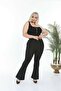 Women's Large Size Black High Waist Flared Leg Trousers Lycra Knitted Crepe Fabric