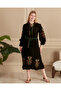 Women's Black Placket Collar Ethnic Embroidery Embroidered Long Sleeve Belted Loose Dress - 5