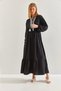 Women's Black Modest Dress with Lace Detail at the Collar and Elastic Waist Flared Dress 60151024 - 2