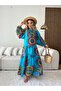 Women's Blue Ethnic Pattern Balloon Sleeve Long Dress