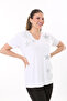 Women's Plus Size White Stone Detailed V-Neck Chest Pocket Short Sleeve Blouse 65N37678