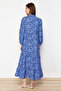 Cobalt Blue Patterned Half Placket Wide Fit Cotton Woven Dress TCTSS23EB00222 - 6