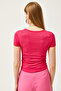 Women's Fuchsia Side Gathered Soft Button Crop T-Shirt TSH-19000801 - 6