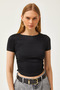 Women's Black Gathered Side Soft Button Crop T-Shirt TSH-19000801 - 4