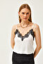 المرأة أبيض أسود حزام قابل للتعديل Ruched Flowy محبوك قميص بلوزة BLZ-19001732 - 3