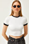 Women's White Color Striped Lycra Crop Ottoman Blouse BLZ-19002582