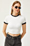 Women's White Color Striped Lycra Crop Ottoman Blouse BLZ-19002582 - 2