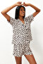 Bej-Çok Renkli Leopar Desenli Şortlu Örme Pijama Takımı THMSS24PT00285