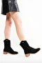 Women's Black Perforated Short Thick Heeled Zippered Stylish Western Summer Cowboy Boots Shoes