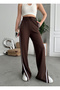 Women's Brown Striped Slit High Waist Wide Leg Sweatpants
