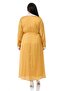 Plus Size Collar and Cuff Detail Pocket Belted Polka Dot Satin Long Mustard Dress - 3