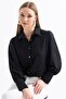 Women's Polka Dot Patterned Shoulder Gathered Balloon Sleeve Oversize Satin Shirt - 6