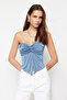 Indigo Buzzy Kalp Yaka Büzgülü Esnek Crop Örme Bluz TWOSS24BZ00204 - 2