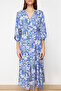 Cobalt Blue Floral Print A-line Double-breasted Collar Midi Woven Dress TWOSS24EL00913 - 4