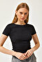 Women's Black Gathered Side Soft Button Crop T-Shirt TSH-19000801 - 5