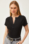 Women's Black Buttoned Raglan Short Sleeve Blouse Blz- 19002590 - 5