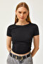 Women's Black Gathered Side Soft Button Crop T-Shirt TSH-19000801 - 2