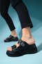 JOANES Black Skin Genuine Leather Double Banded Women's Wedge Sole Slippers - 7