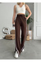 Women's Brown Striped Slit High Waist Wide Leg Sweatpants - 3