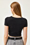 Women's Black Gathered Side Soft Button Crop T-Shirt TSH-19000801 - 6