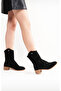 Women's Black Perforated Short Thick Heeled Zippered Stylish Western Summer Cowboy Boots Shoes - 2