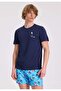 Navy Blue Printed Crew Neck Organic Cotton Regular Fit Men's T-Shirt WMEMBROIDERY SURFER
