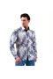 Navy Blue Green Hawaiian Palm Tree Printed Slim Fit Long Sleeve Men's Shirt on White Flamed Linen