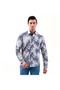 Navy Blue Green Hawaiian Palm Tree Printed Slim Fit Long Sleeve Men's Shirt on White Flamed Linen - 5