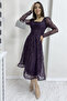 Square Collar Glittery Embroidered Flared Evening Dress Indigo, Purple