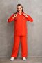 Women's Stone Embroidered Hijab Double Summer Top and Bottom Set - Orange - 2
