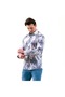 Navy Blue Green Hawaiian Palm Tree Printed Slim Fit Long Sleeve Men's Shirt on White Flamed Linen - 4