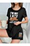 Women's Black I Am Not Lazy Printed Oversize Shorts T-shirt Cotton Pajama Set - 3