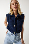 Women's Navy Blue Stylish Buttoned Patterned Crop Tweed Vest WF00068