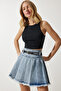 Women's Light Blue Belted Pleated Mini Denim Skirt KQ00002 - 3