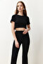 Black Crop Crew Neck Ribbed Stretchy Knitted Blouse and Pants Top and Bottom Set TWOSS21AU0160 - 3