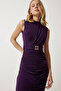 Women's Purple Belted Gathered Knitted Dress DE00031 - 2