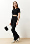 Black Crop Crew Neck Ribbed Stretchy Knitted Blouse and Pants Top and Bottom Set TWOSS21AU0160