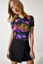 Women's Black Purple Patterned Gathered Sandy Blouse FF00165
