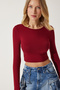Women's Burgundy Black Crew Neck Basic 2-Pack Crop Knitted Blouse OW00035 - 3