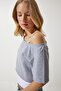 Women's Gray Melange Boat Neck Basic Crop Knitted T-Shirt OW00028 - 6