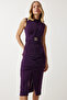 Women's Purple Belted Gathered Knitted Dress DE00031